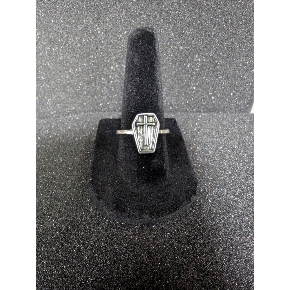 Silver Toned Coffin‎ And Cross Ring - Size 7